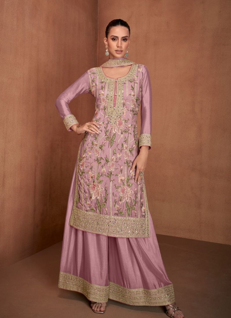 Beautiful floral embroidered pure Chinon palazzo suit in pink