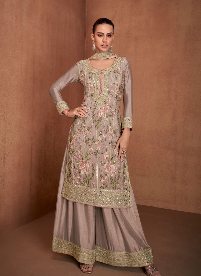 Beautiful floral embroidered pure Chinon palazzo suit in nude pink