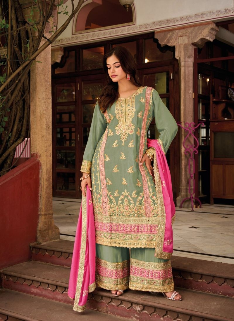 Stylish embroidered pure Chinon palazzo suit in green