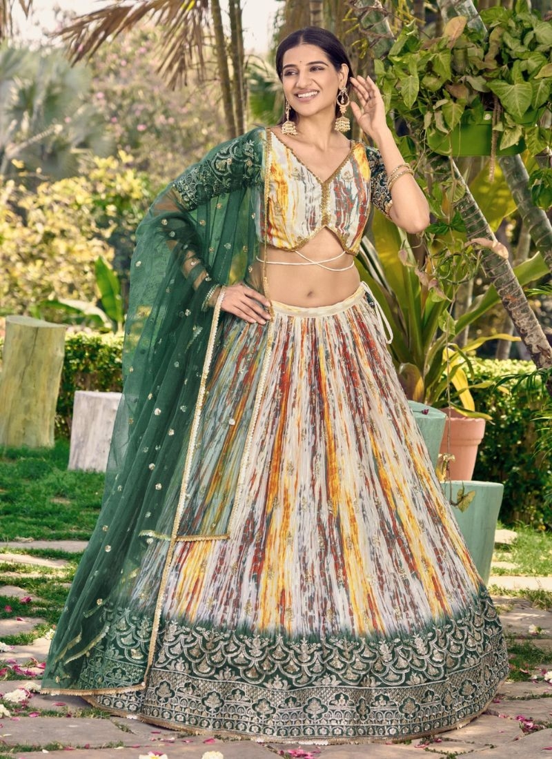 Beautifully digital printed and embroidered Chinon lehenga choli in dark green