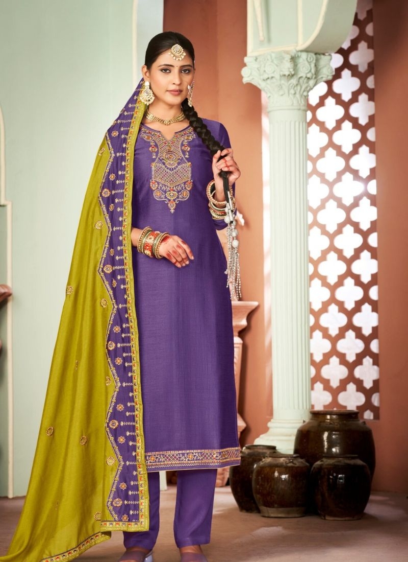 Beautifully embroidered premium Chinon kurta pant suit in purple