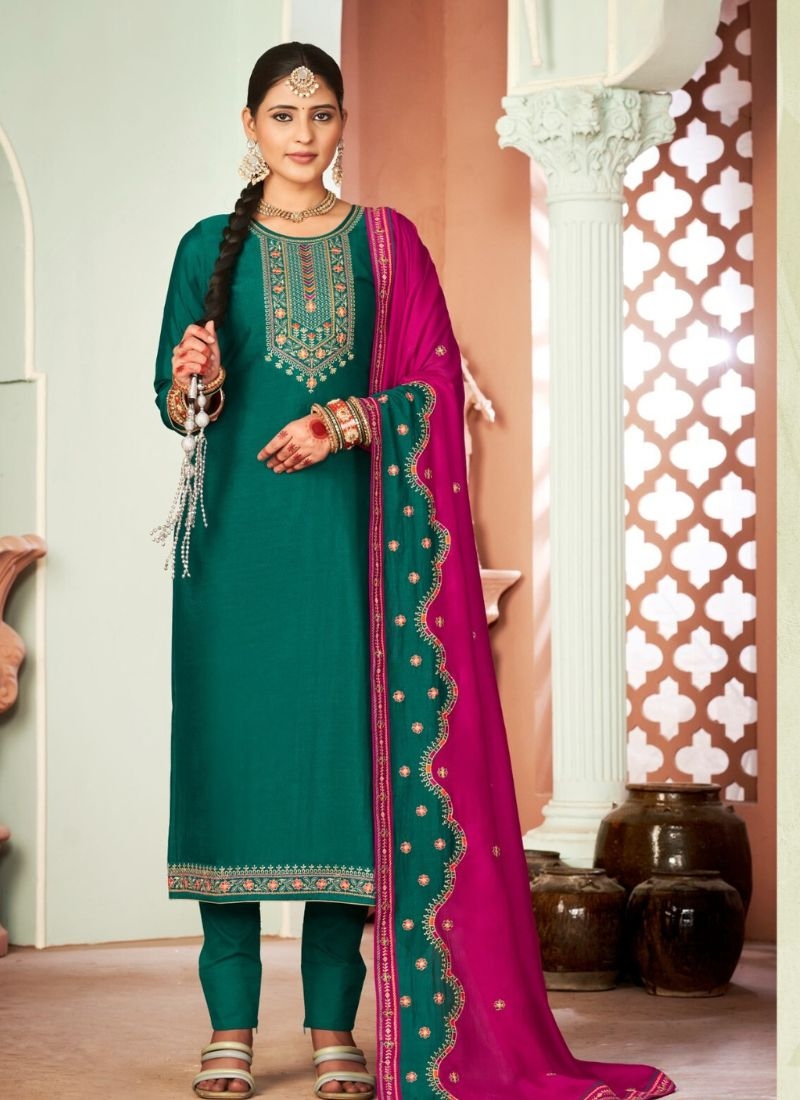 Beautifully embroidered premium Chinon kurta pant suit in green