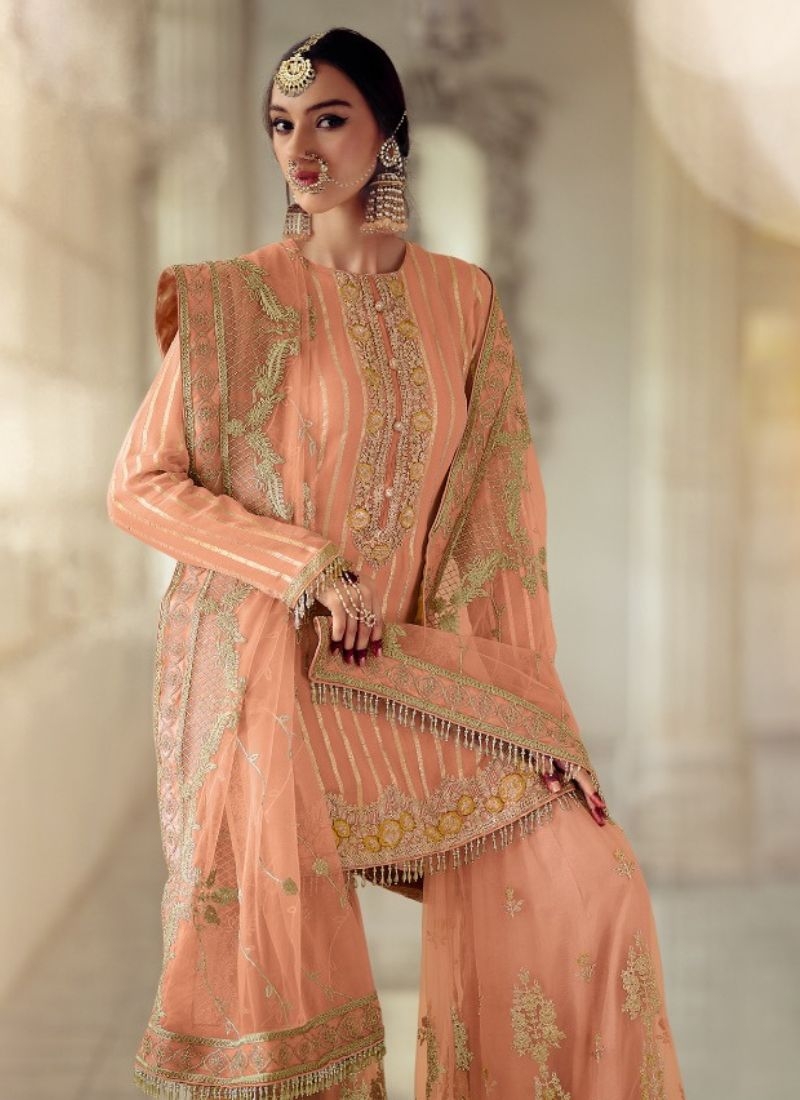 Designer patch embroidered georgette sharara suit in peach