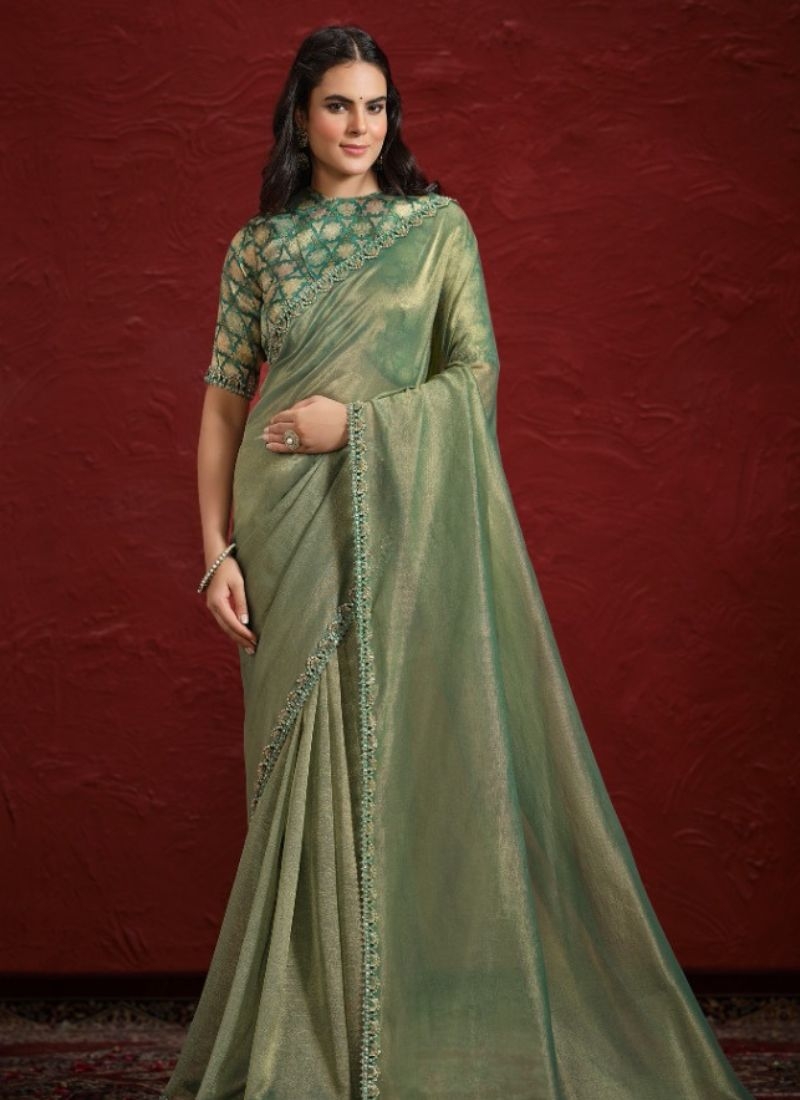 Stunning embroidered silk saree in green