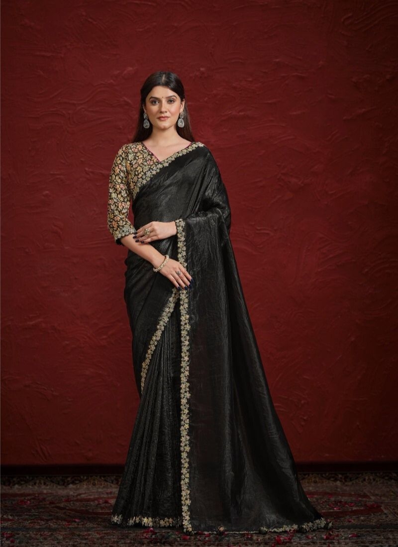 Stunning embroidered silk saree in black