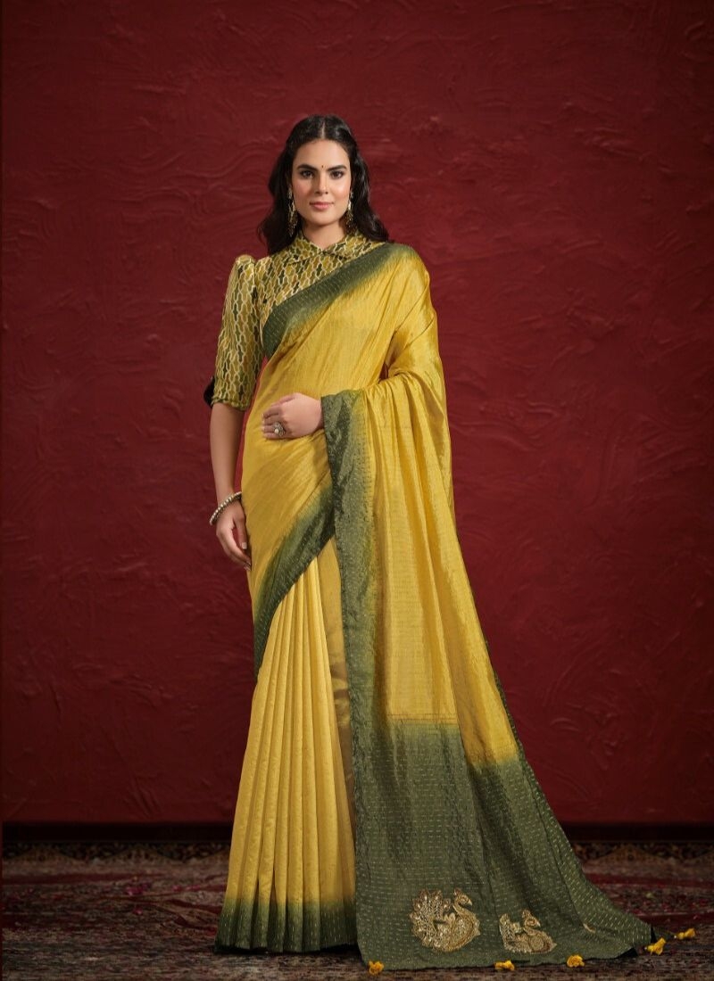 Stunning embroidered silk saree in yellow