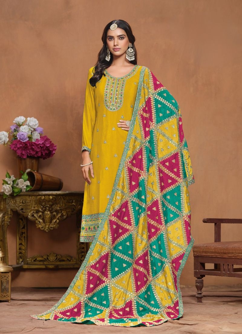 Designer patch-crafted chinon silk kurta pantsuit in yellow