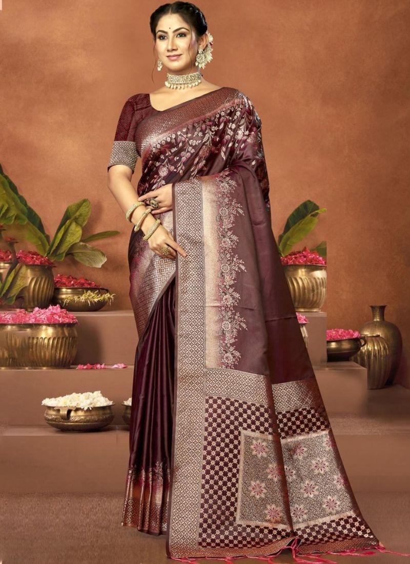 Designer zari satin silk saree in brown