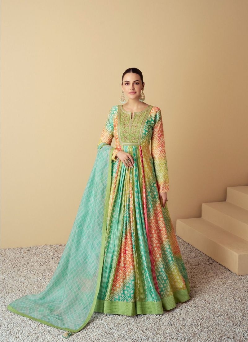 Beautiful digital printed real muslin Anarkali suit in green