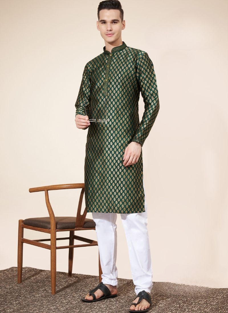 jacquard printed men's long silk kurta pajama in dark green