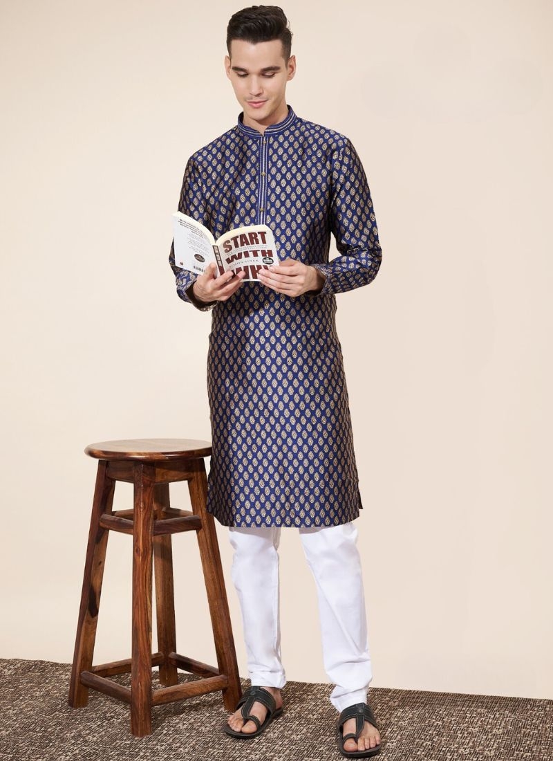 jacquard printed men's long silk kurta pajama in dark blue