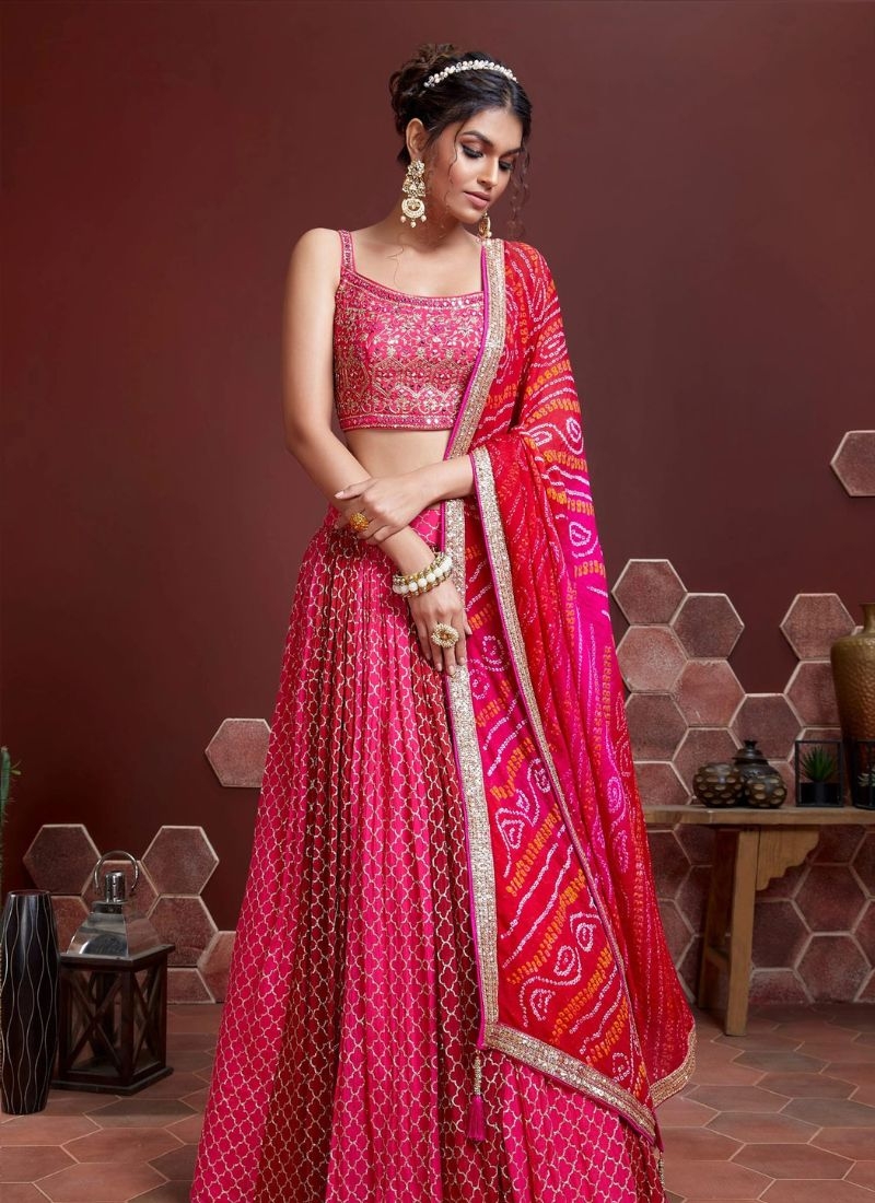 Premium designer embroidered Chinon lehenga choli in hot pink