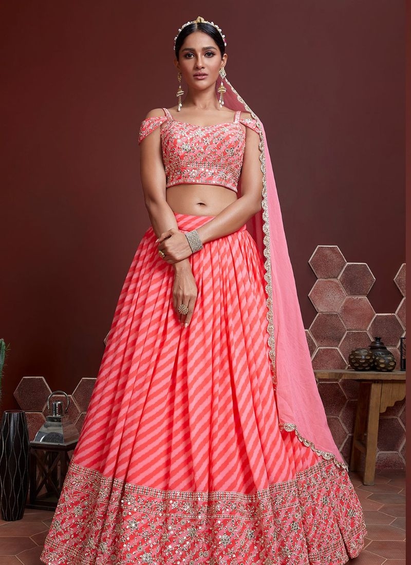 Premium designer embroidered Chinon lehenga choli in peach