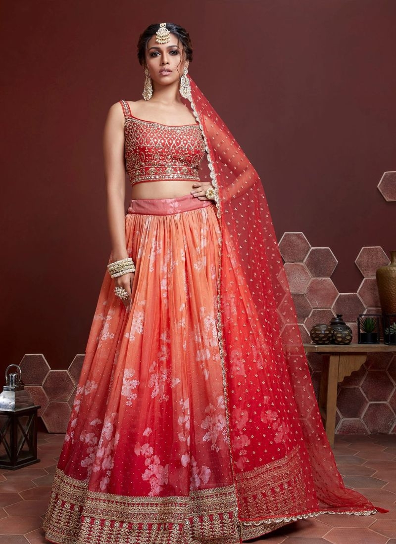 Premium designer embroidered Chinon lehenga choli in red