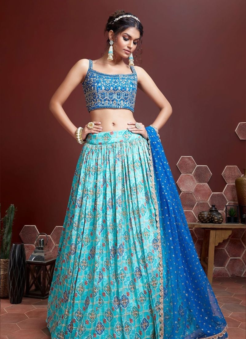 Premium designer embroidered Chinon lehenga choli in blue