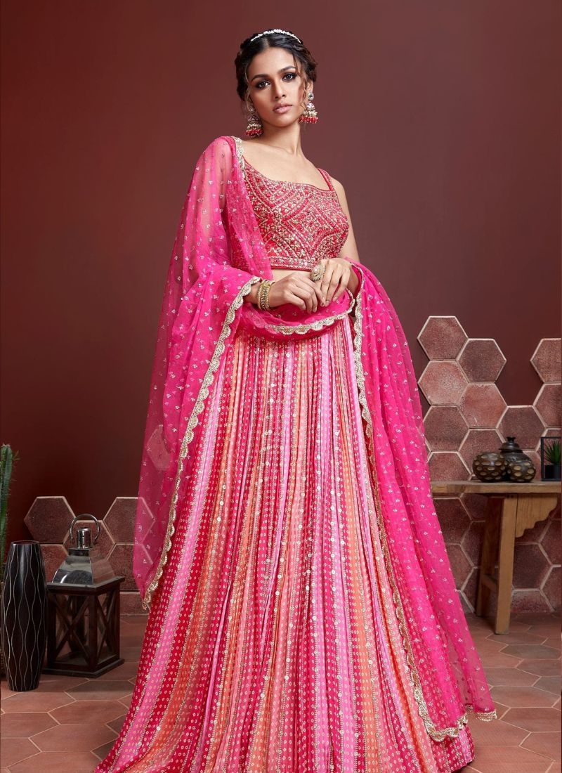 Premium designer embroidered Chinon lehenga choli in pink