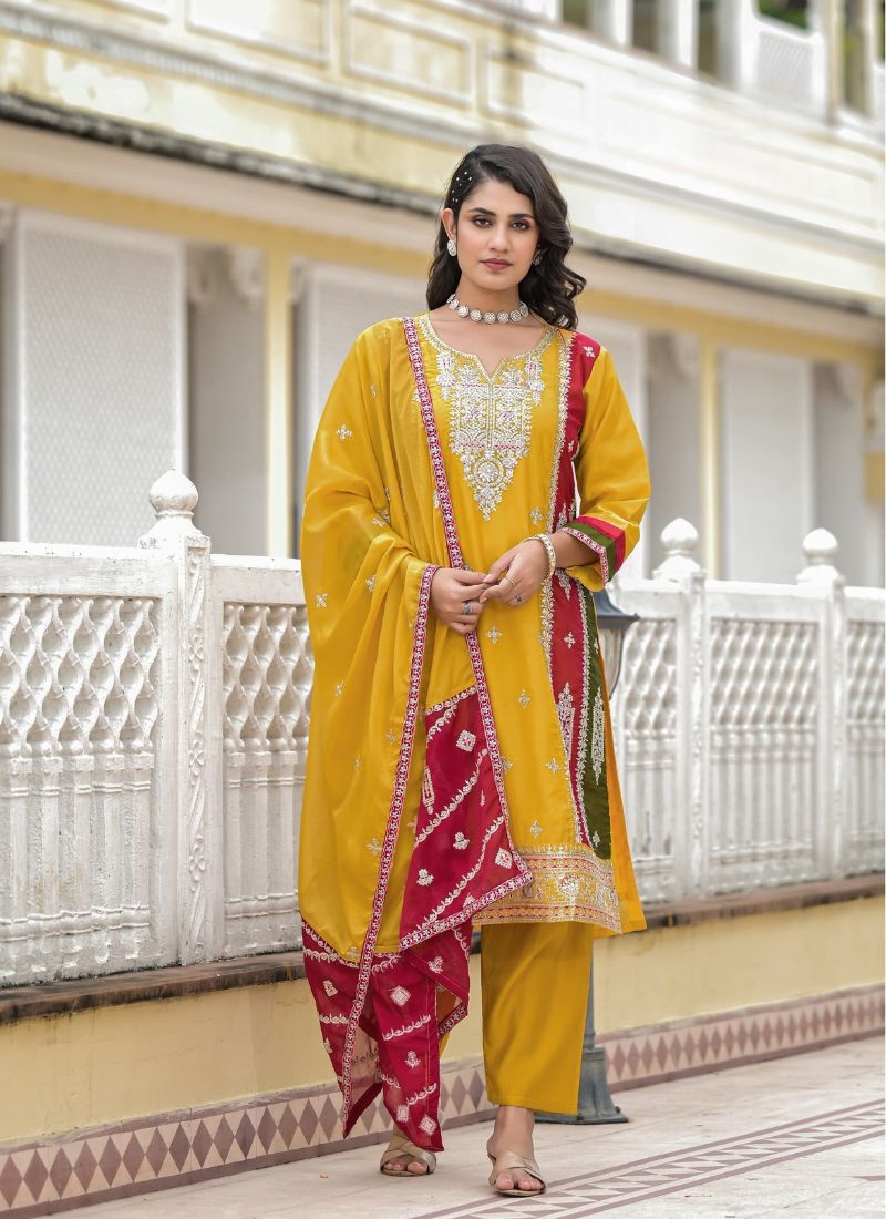 Designer mirror embroidered organza kurta pant suit in yellow