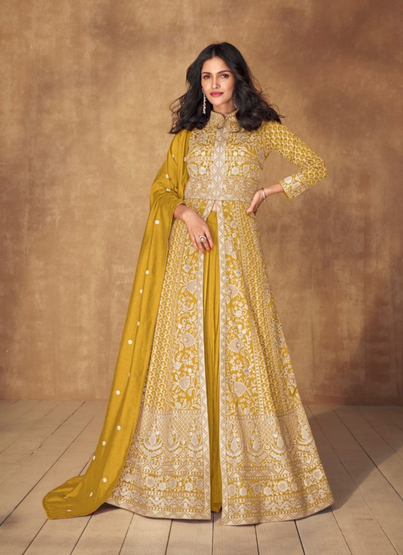 Beautifully embroidered silk Anarkali suit in yellow