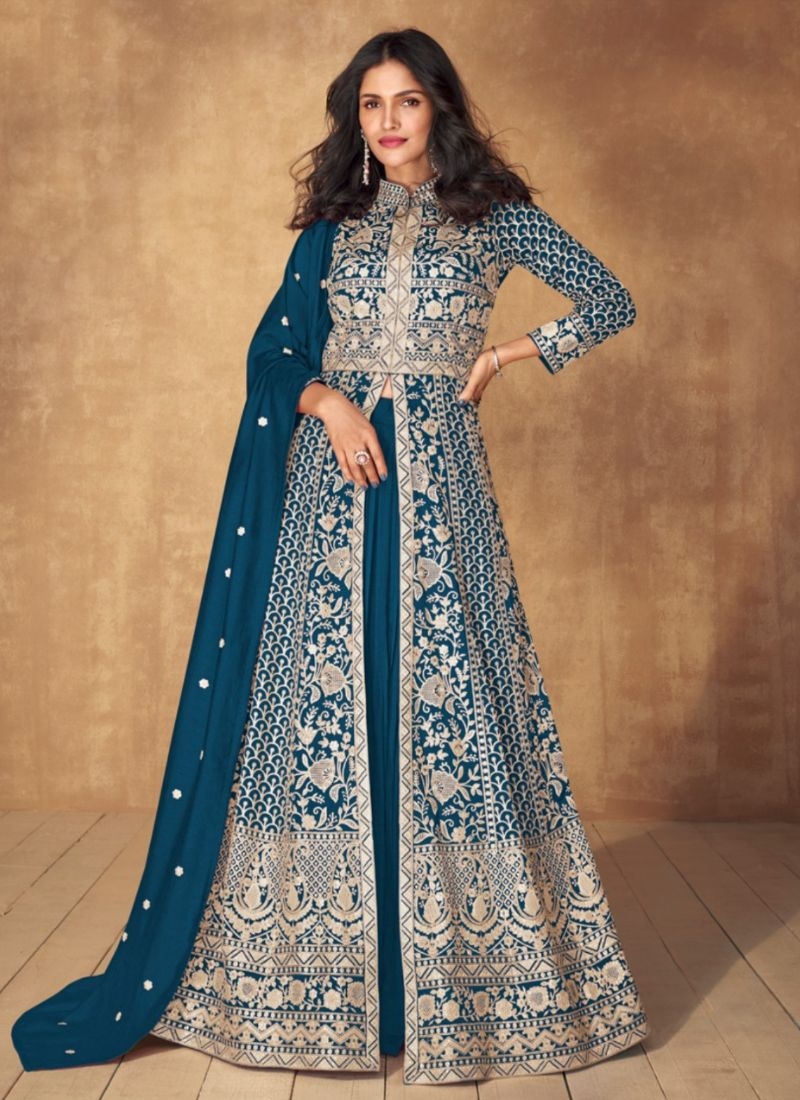 Beautifully embroidered silk Anarkali suit in dark blue