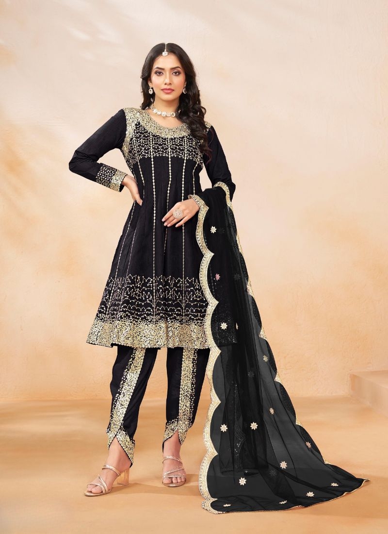 Stunning embroidered silk salwar suit in black