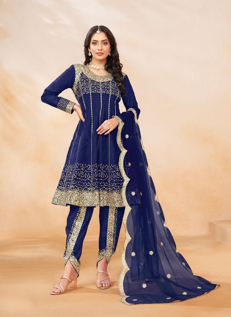 Stunning embroidered silk salwar suit in dark blue