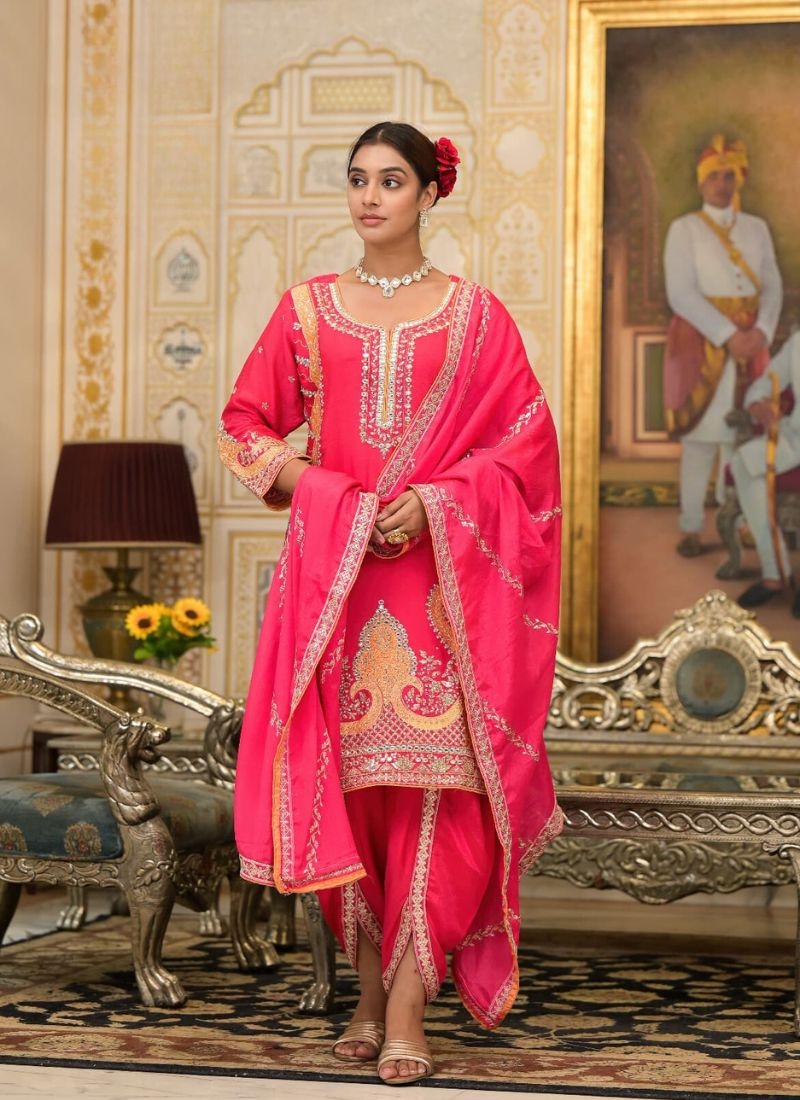 Designer embroidered premium Chinon salwar suit in pink