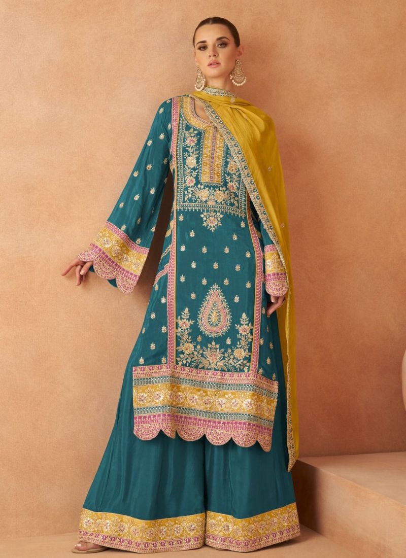 Beautiful embroidered real Chinon palazzo suit in blue