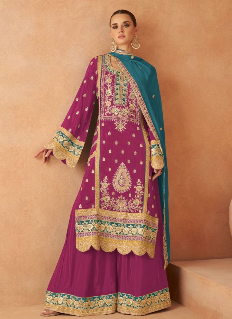 Beautiful embroidered real Chinon palazzo suit in pink