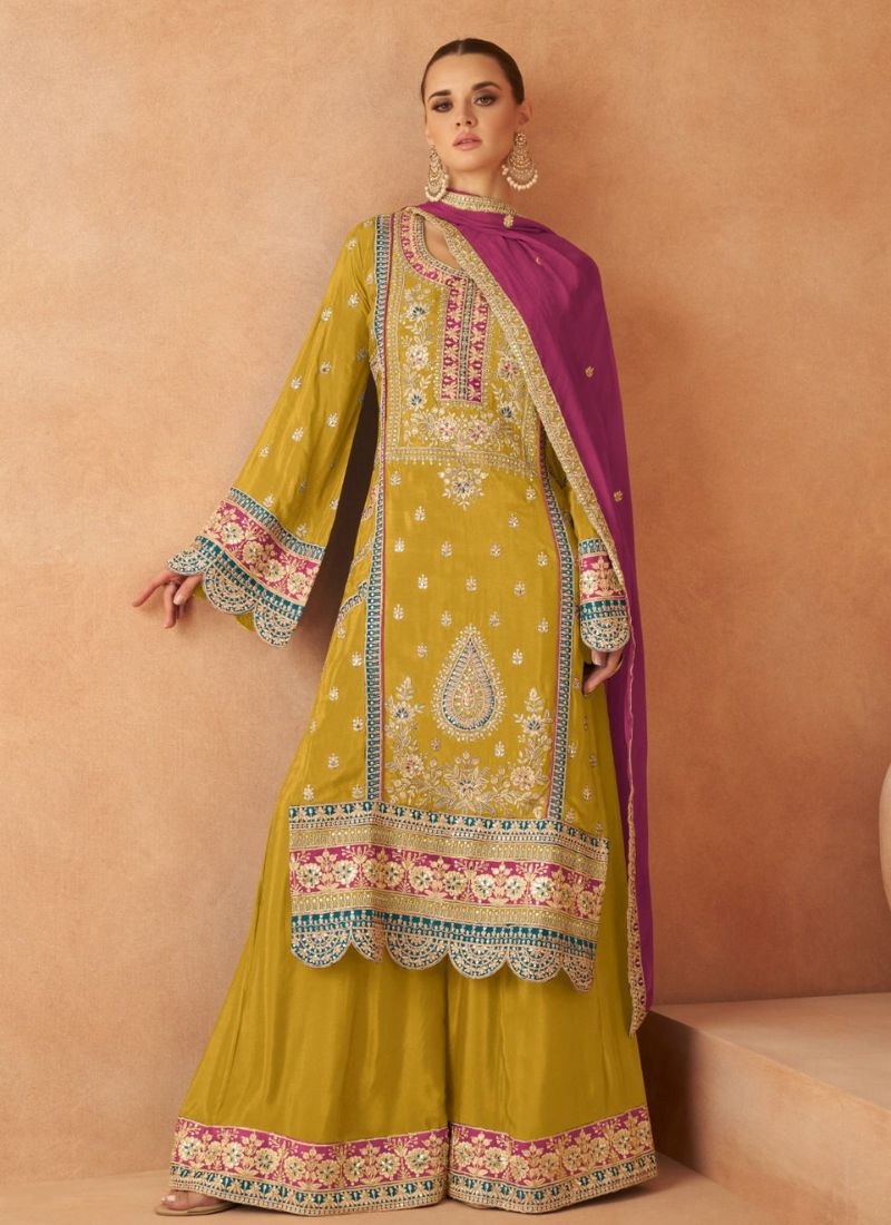 Beautiful embroidered real Chinon palazzo suit in yellow