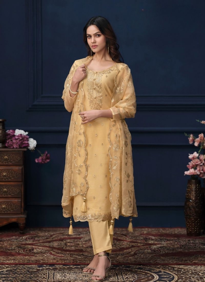 Embroidery work organza chiffon pant suit in yellow