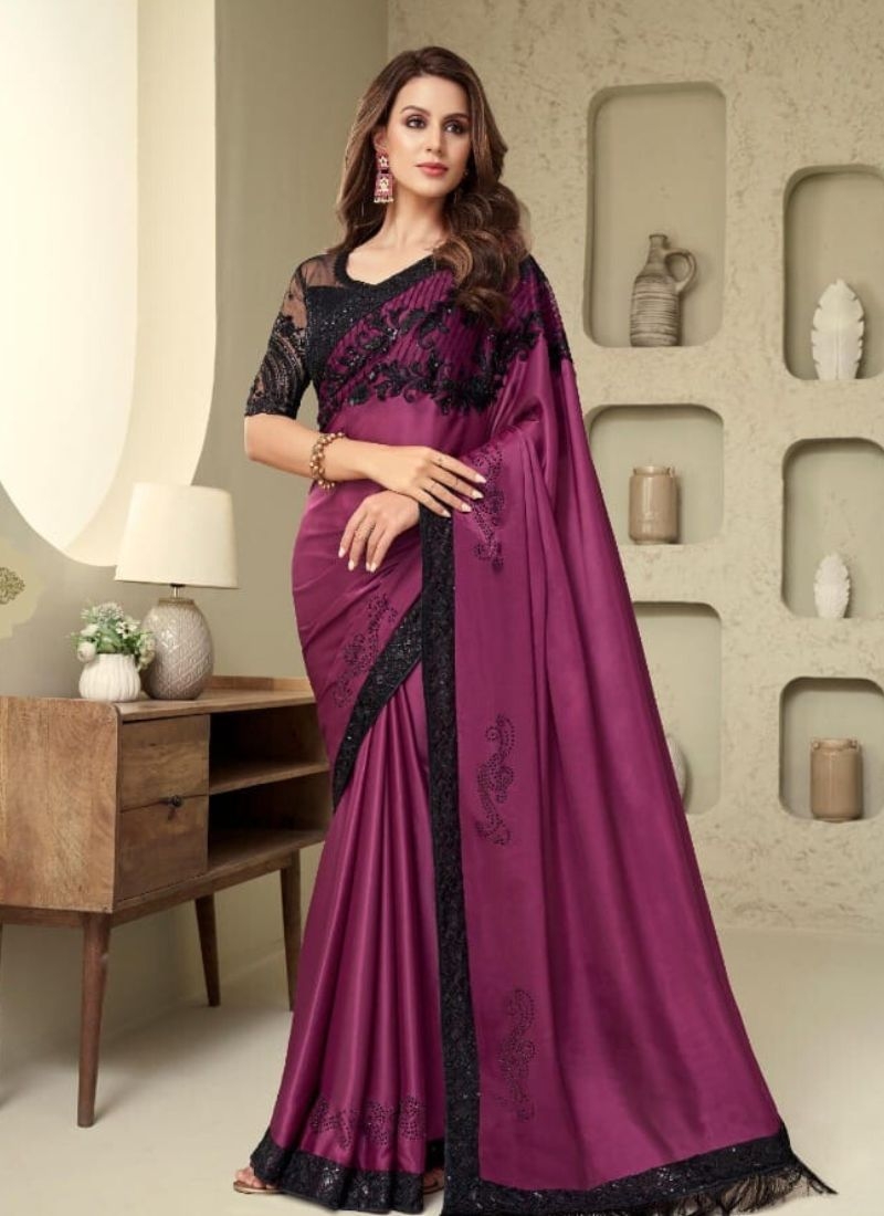 Designer embroidered silk saree in maroon