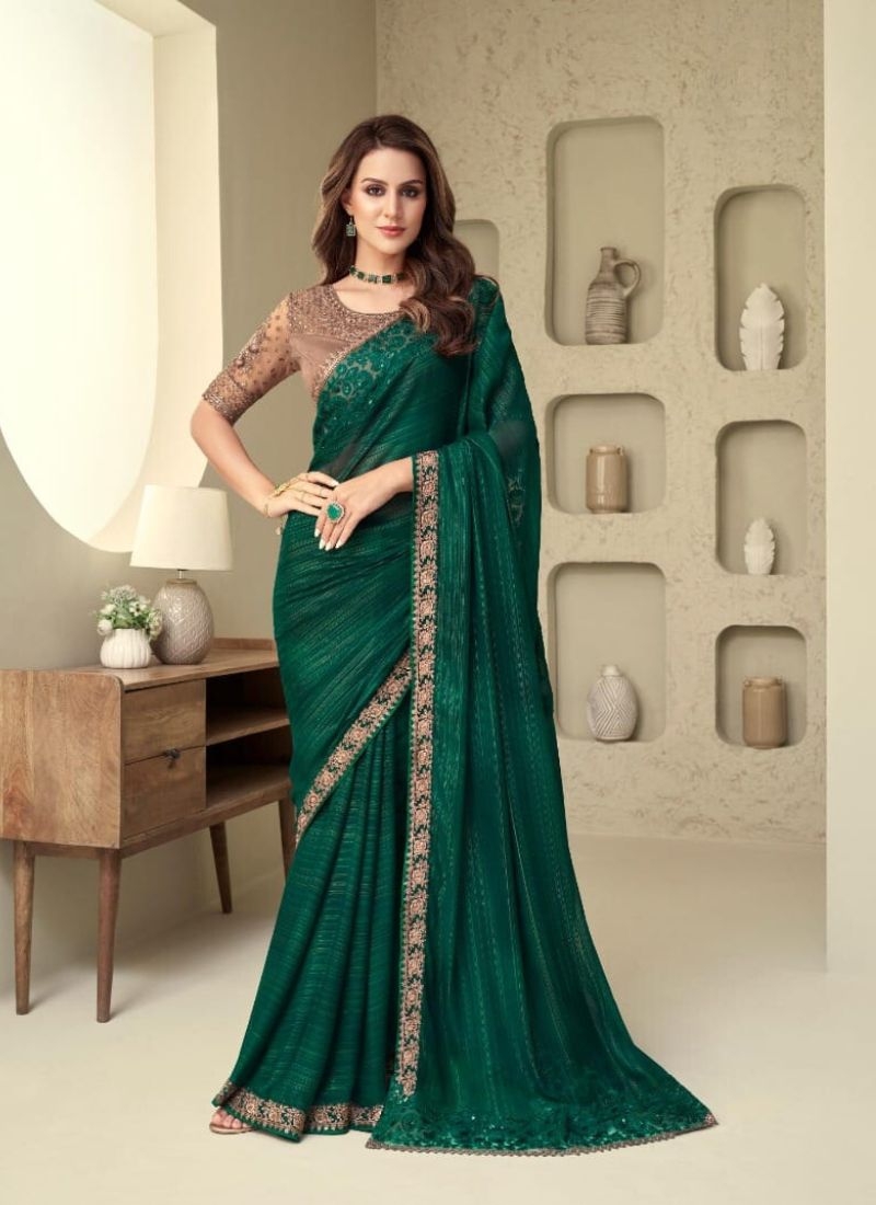 Designer sequin embroidered silk saree in dark green