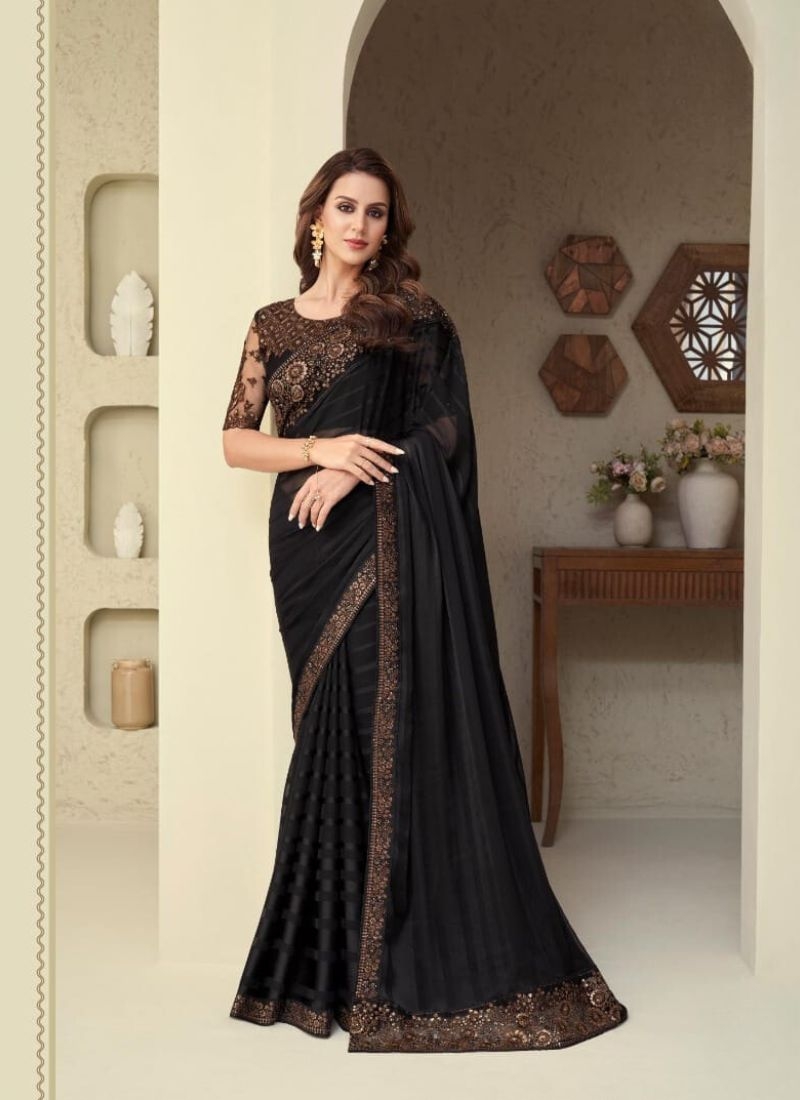 Designer sequin embroidered silk saree in black