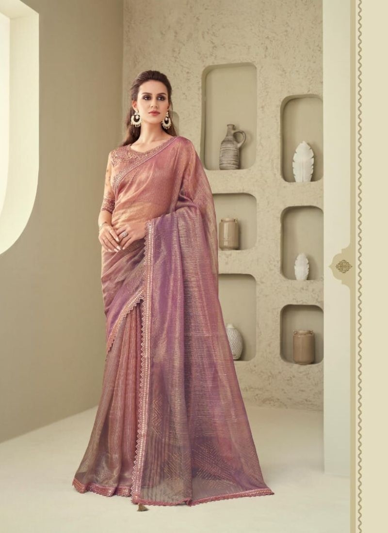 Designer sequin embroidered silk saree in nude pink