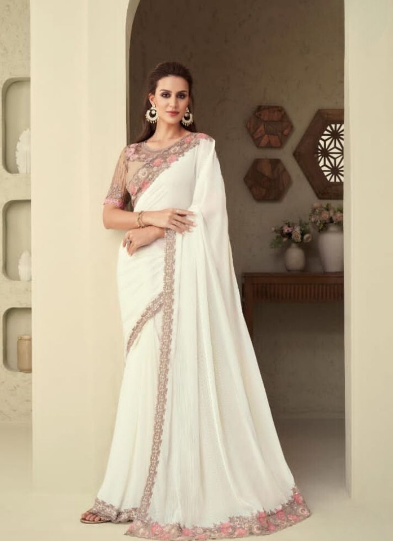 Designer sequin embroidered silk saree in cream