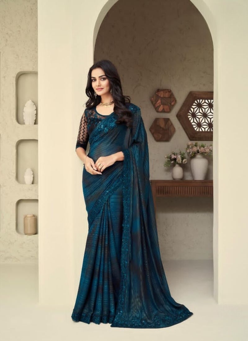 Designer sequin embroidered silk saree in dark blue