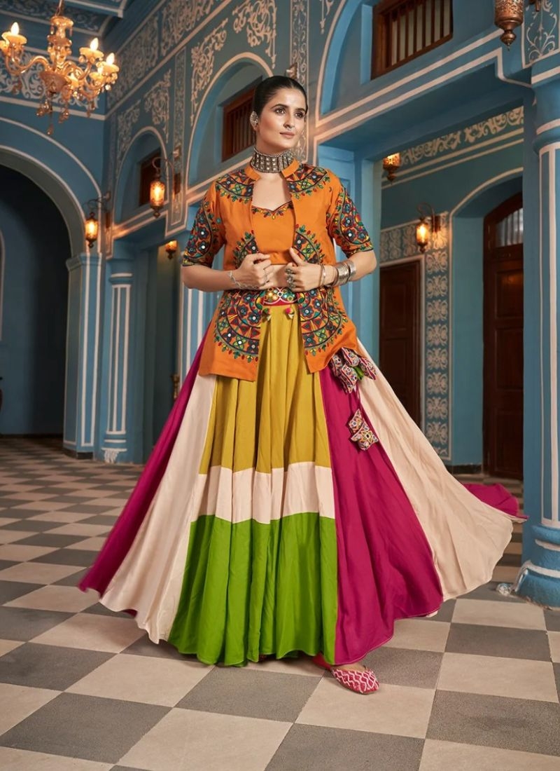 Stunning embroidered rayon lehenga choli with waist belt in orange