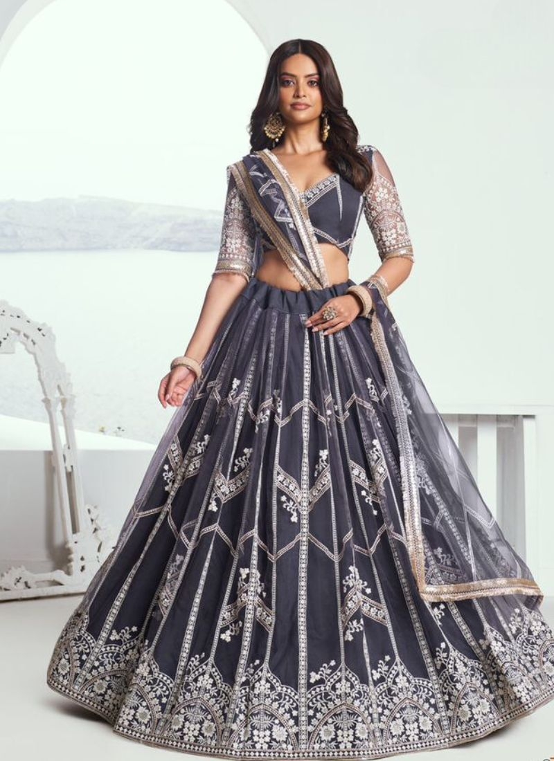 Beautiful designer butterfly net lehenga choli in violet