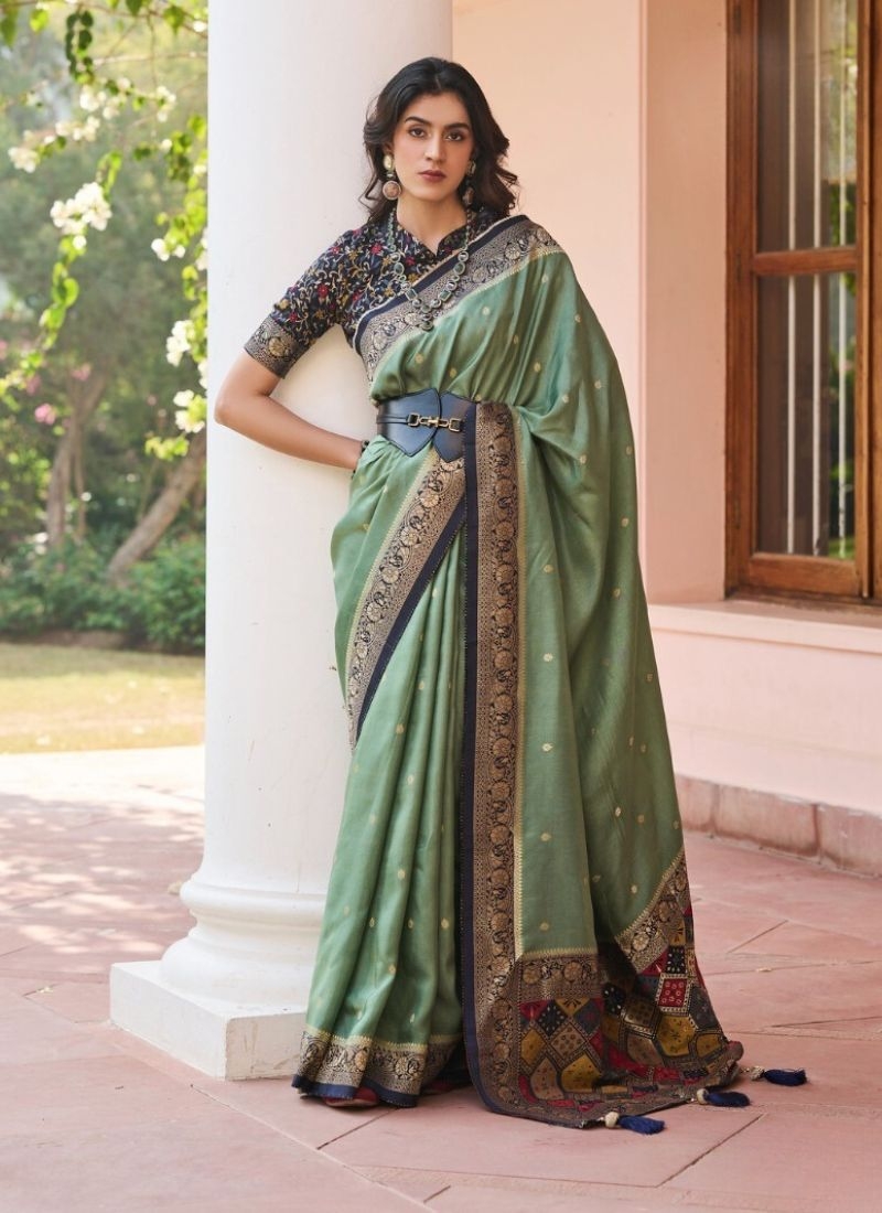 Designer embroidered viscose saree in green