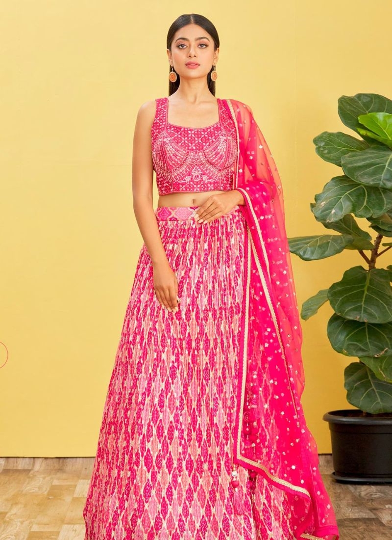 Designer printing work pure georgette lehenga choli in pink