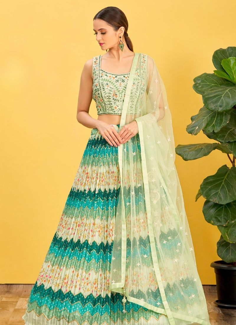 Designer printing work pure georgette lehenga choli in light green