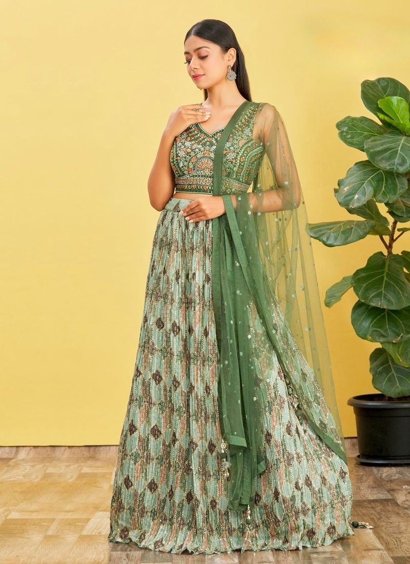 Designer printing work pure georgette lehenga choli in dark green