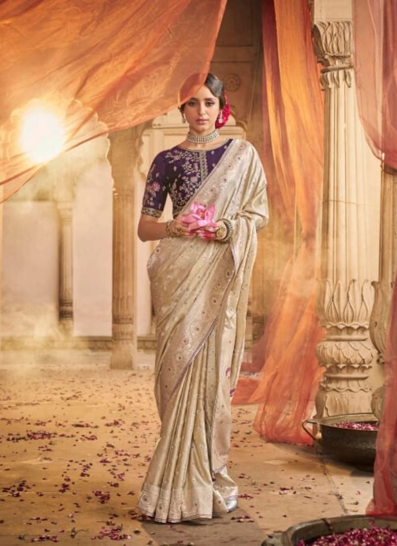 Zari weaving classical satin silk saree in cream