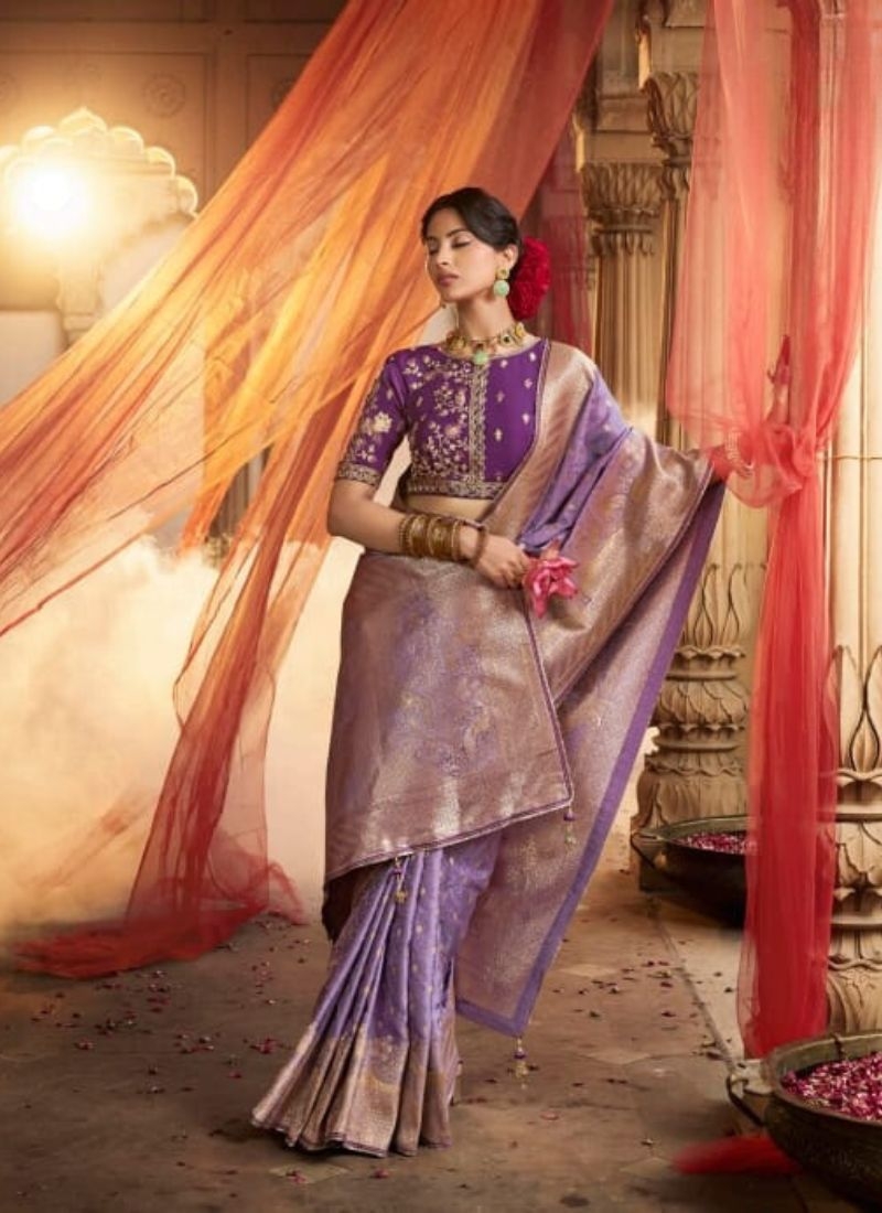 Zari weaving classical satin silk saree in purple