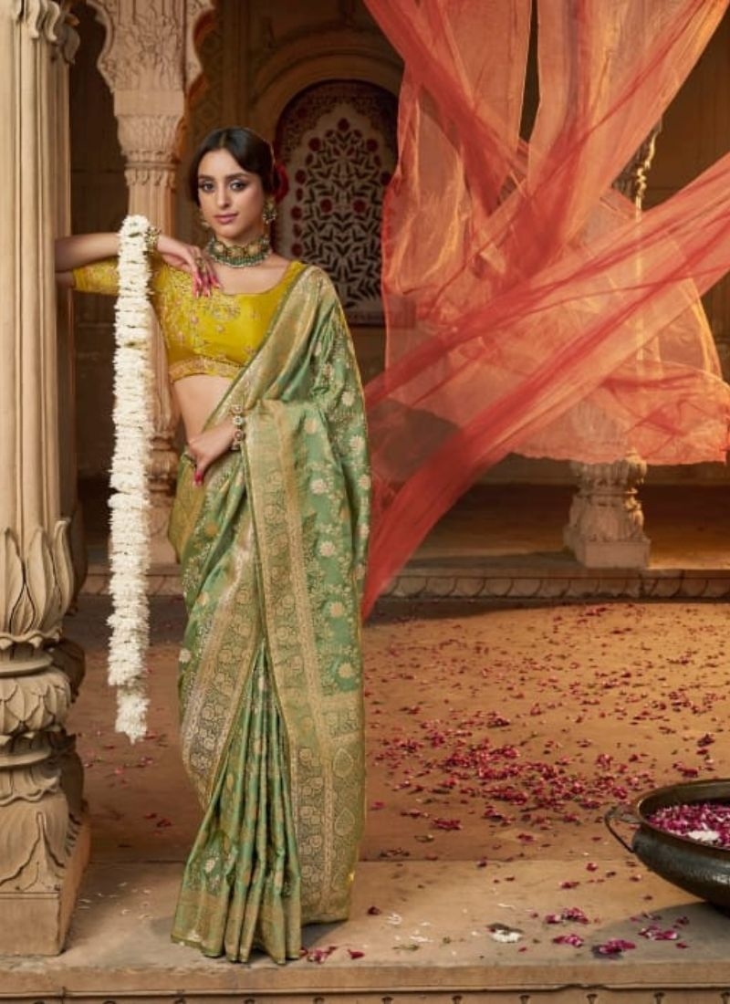 Zari weaving classical satin silk saree in green