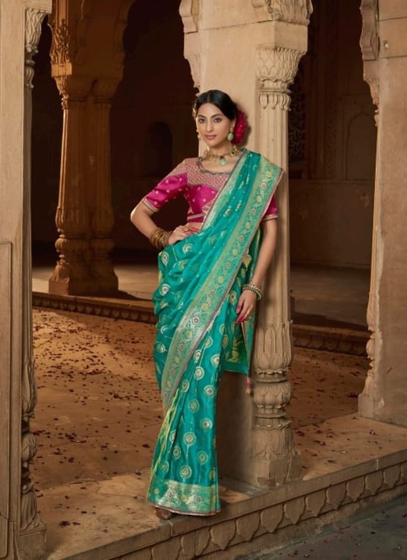 Zari weaving classical satin silk saree in dark green