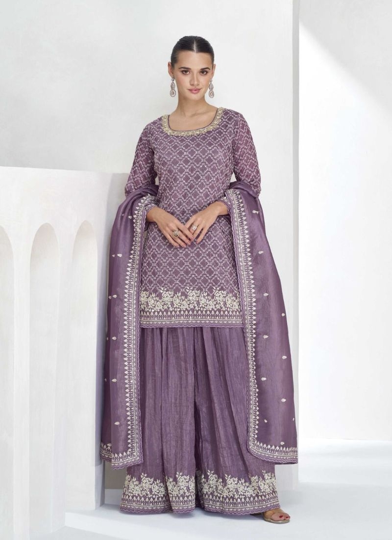 Exquisite pearl embroidered Chinon palazzo suit in purple