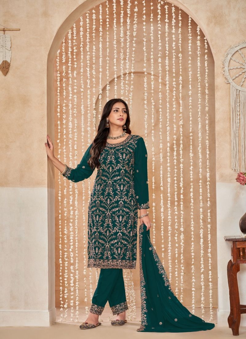 Designer sequence embroidered faux georgette kurta pantsuit in dark green