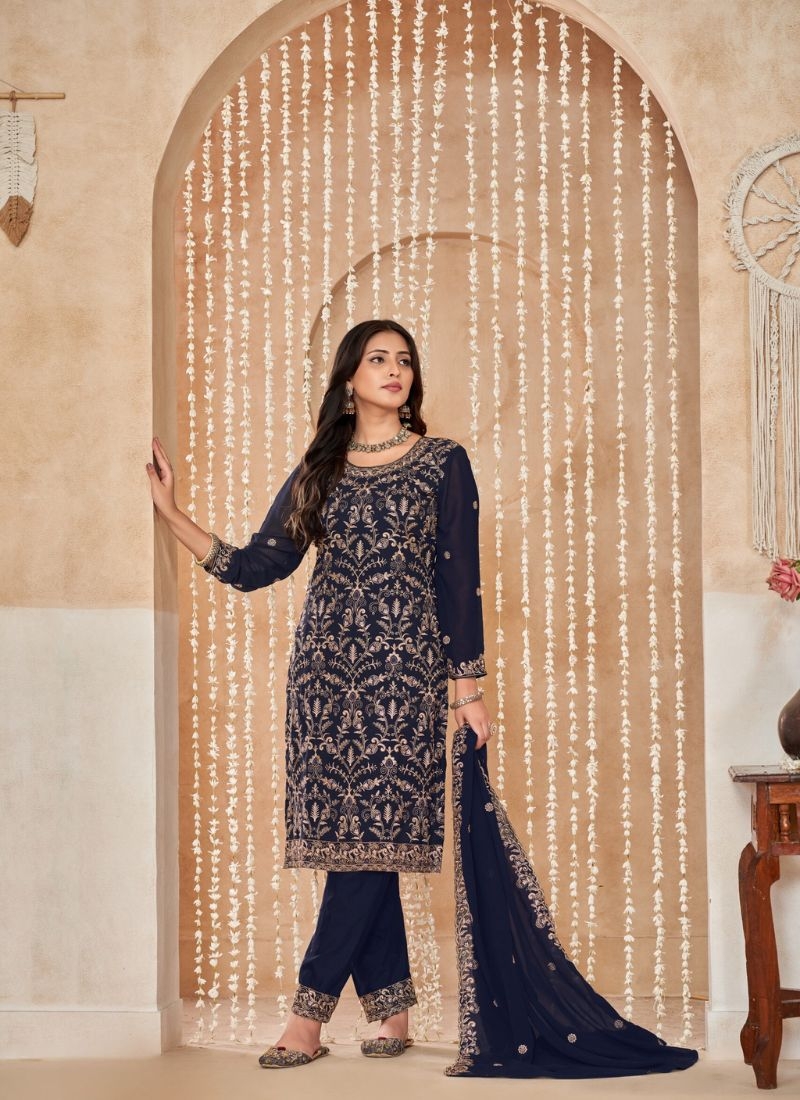 Designer sequence embroidered faux georgette kurta pantsuit in dark blue