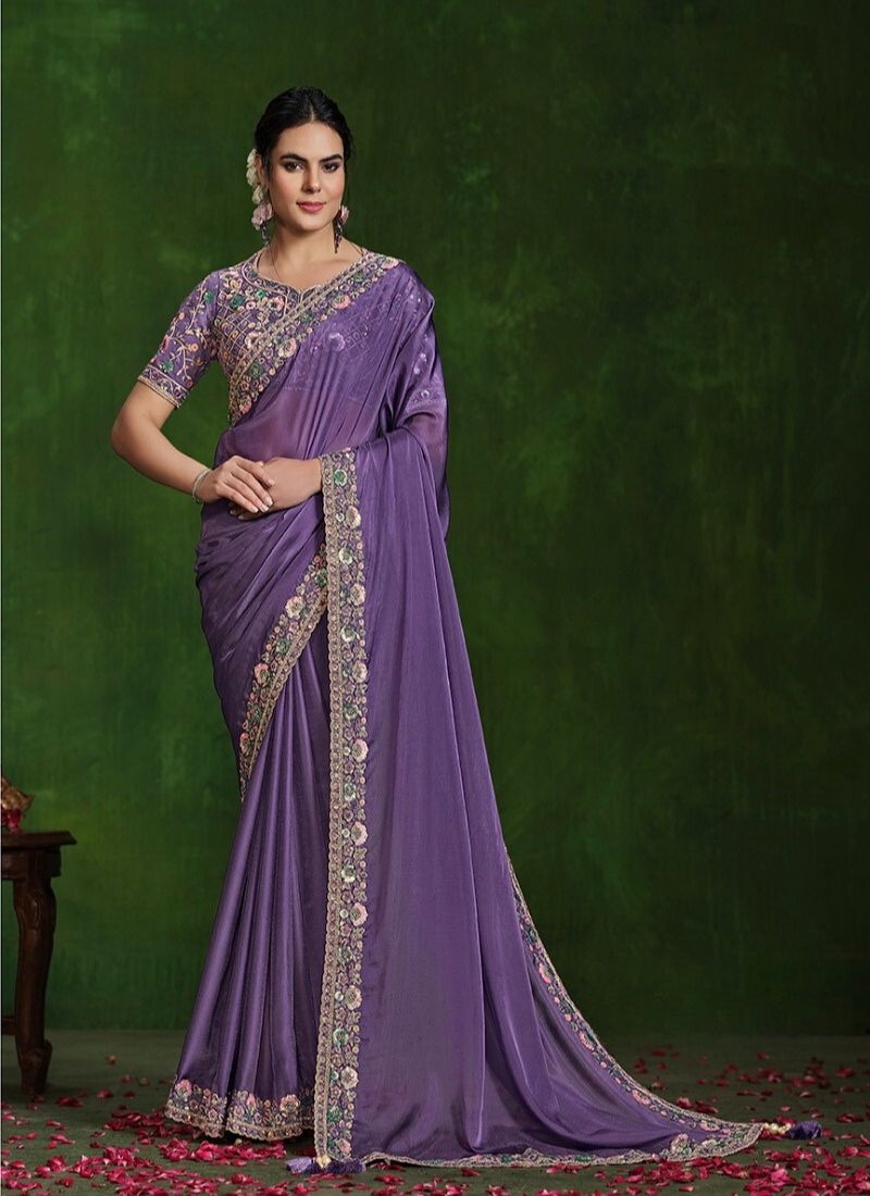 Exquisite handwork embroidered satin silk saree in light purple